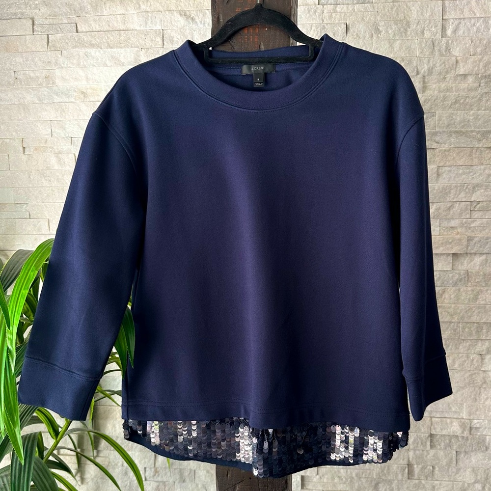 J. CREW Navy Blue Sequin Trim Sweatshirt Blouse Size Small